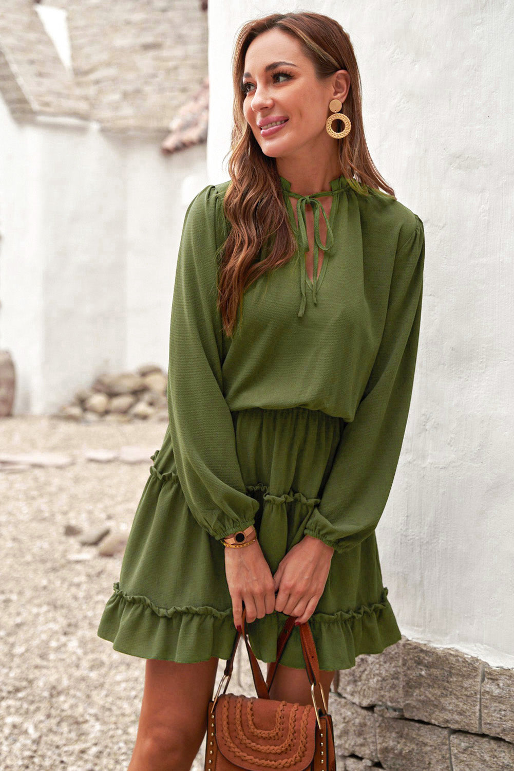 Olive Green Casual Lantern Sleeve V Neck Short Tiered Dress