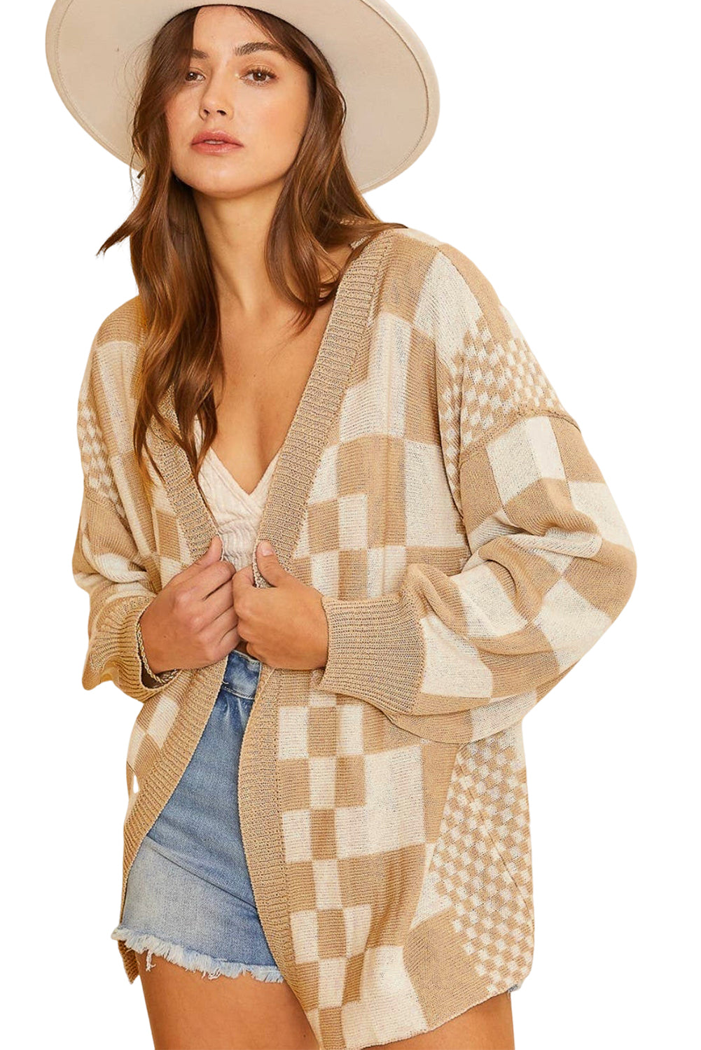 Khaki Plaid Colorblock Open Front Cardigan