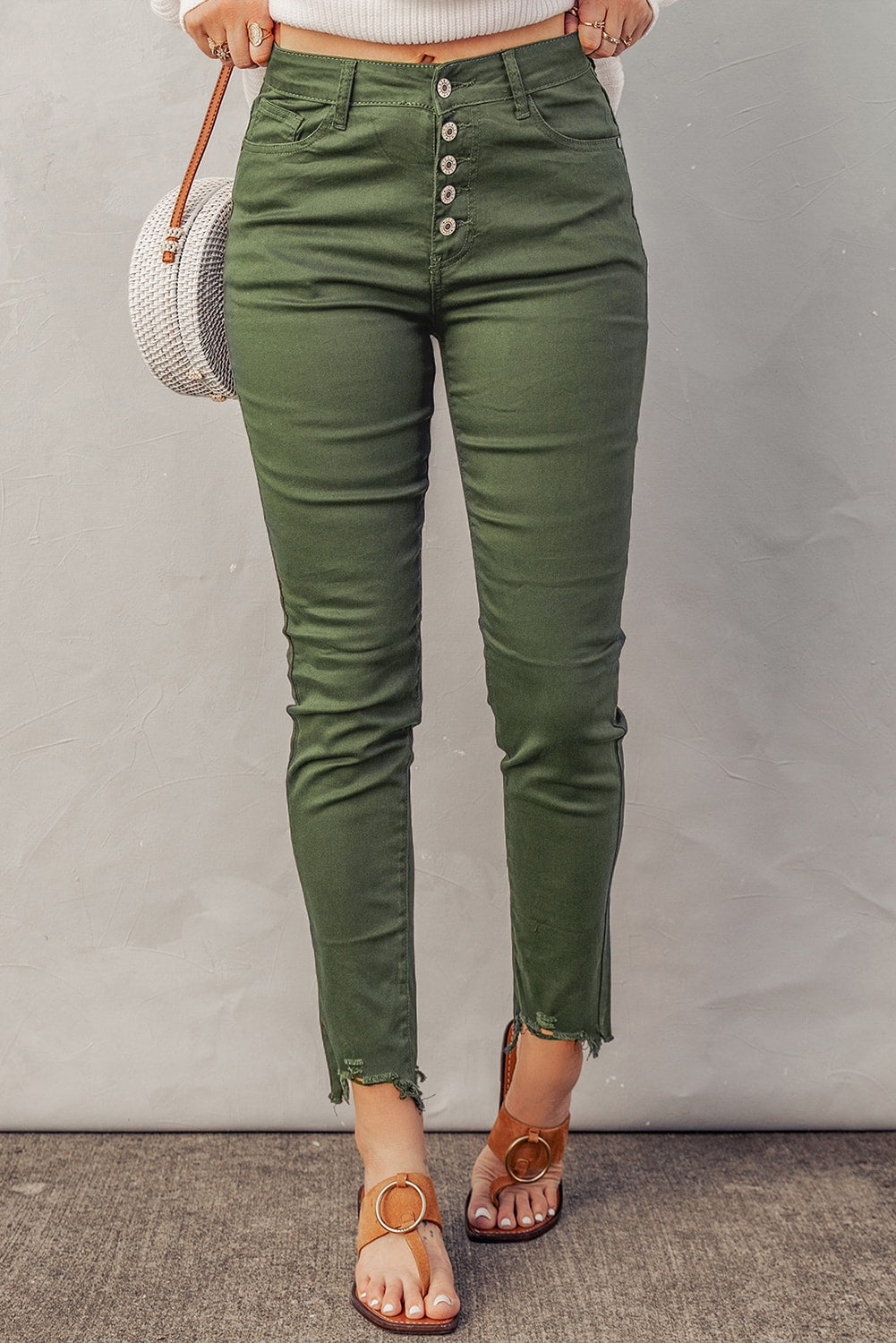 White Plain Buttons Frayed Raw Hem High Waist Denim Jeans