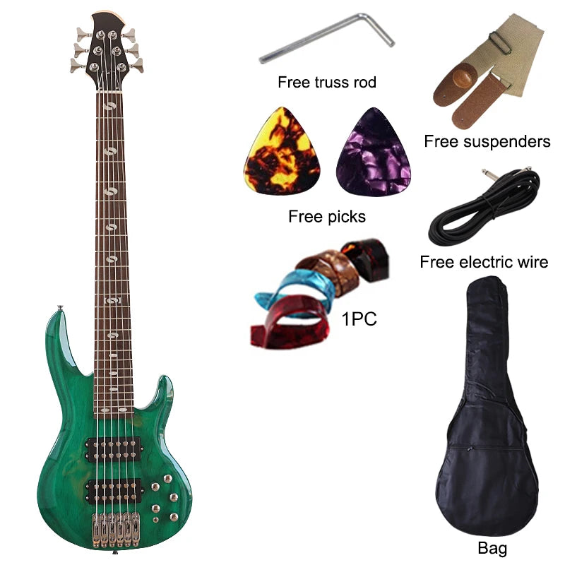4, 5 or 6 String Active Electric Bass Guitar, Solid Okoume Wood 43 Inch Matte Bass
