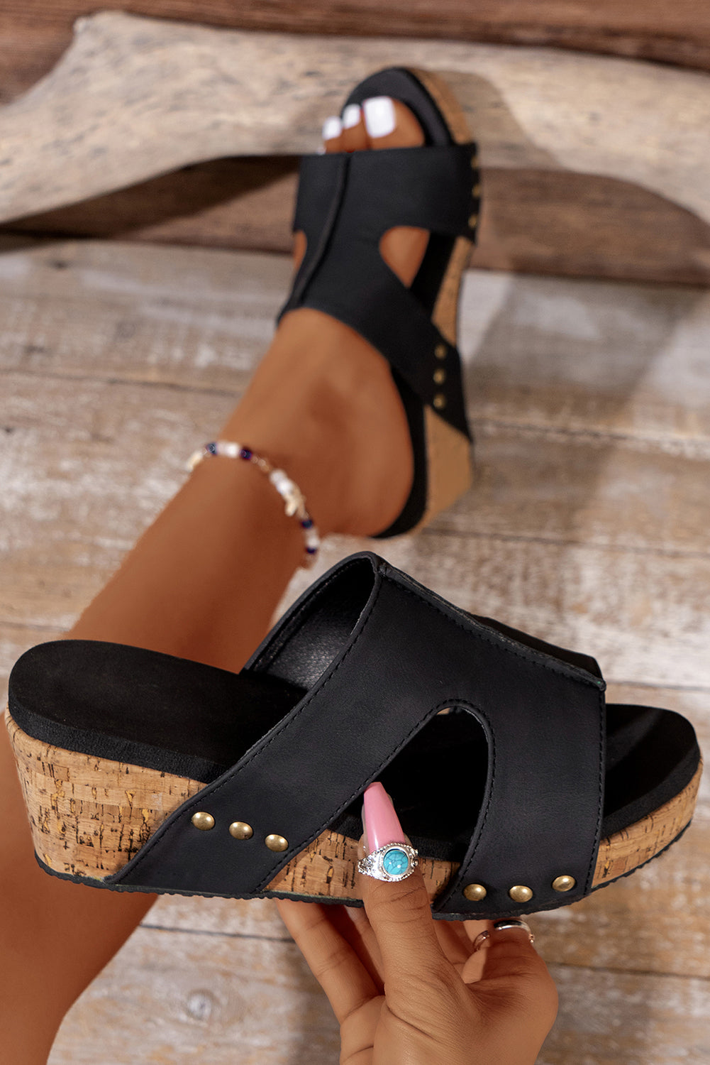 Brown Cut Out Rivet Slip-on Wedge Slippers