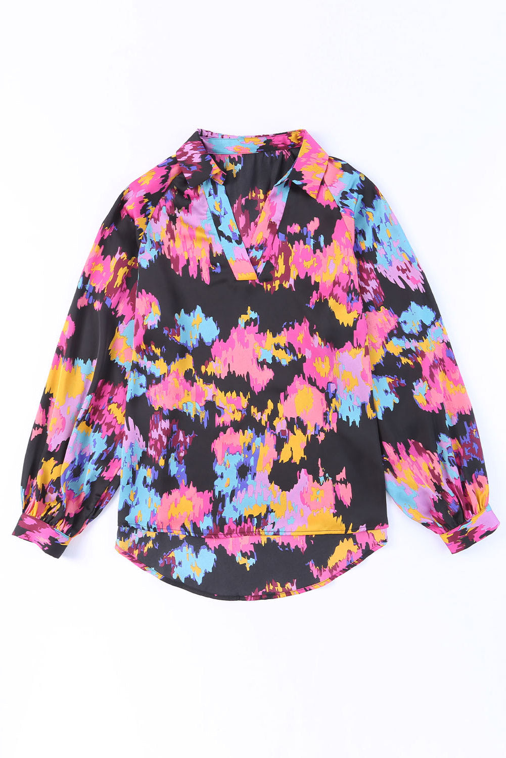 Green Graffiti Colorblock Casual V Neck Puff Sleeve Blouse