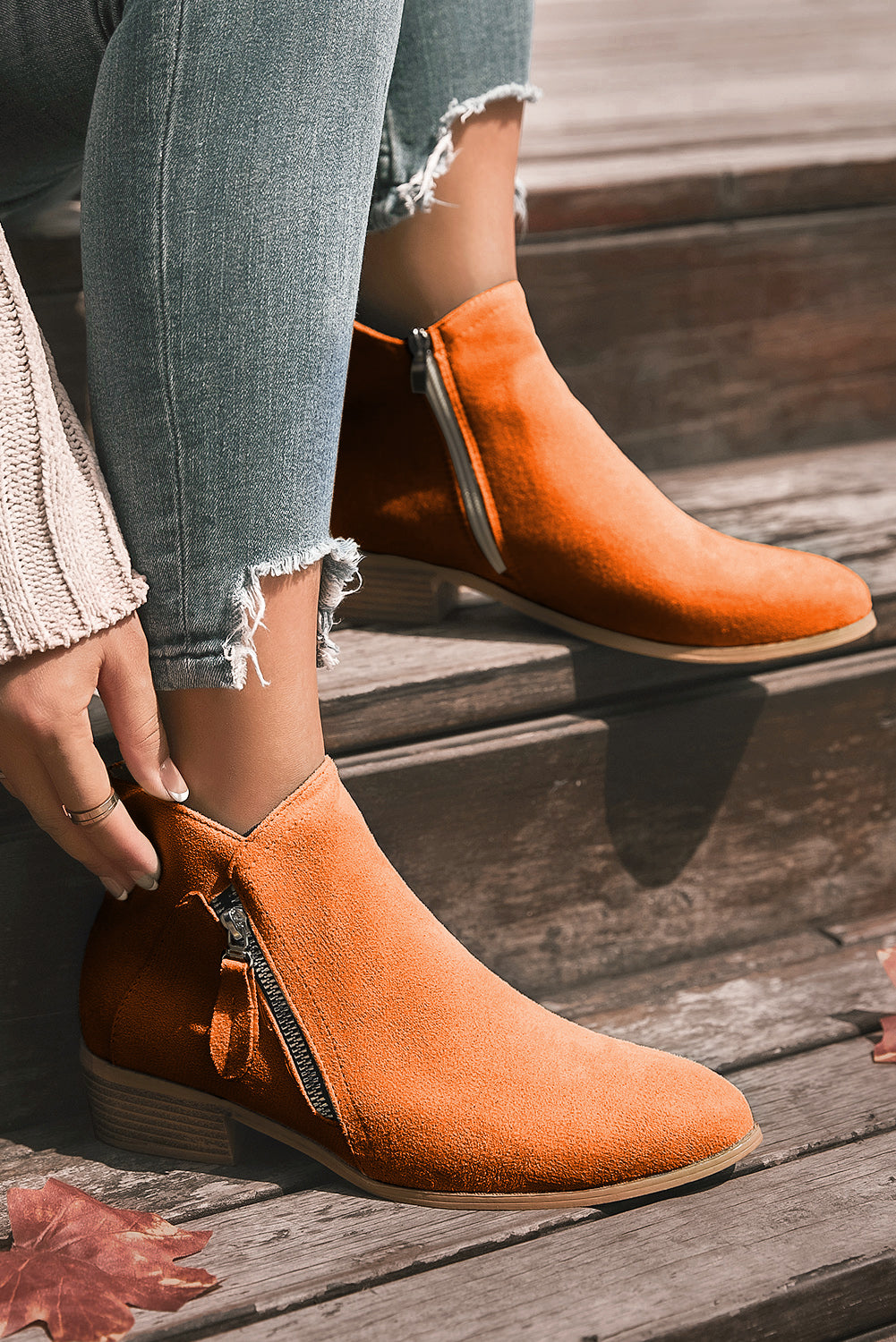 Orange Suede Pointed Toe Side Zipper Booties