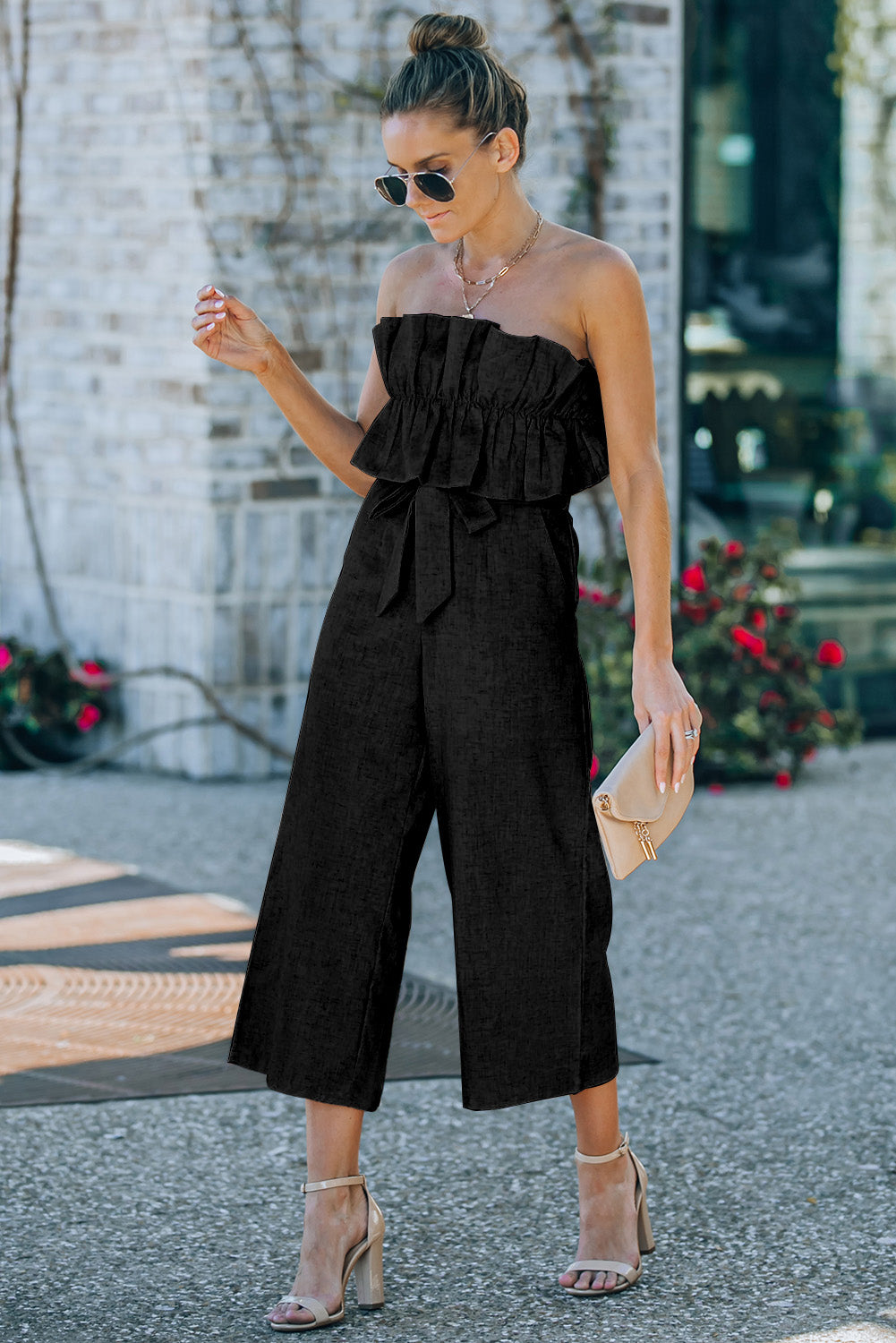 Beige Elegant Ruffled Strapless Wide Leg Jumpsuit