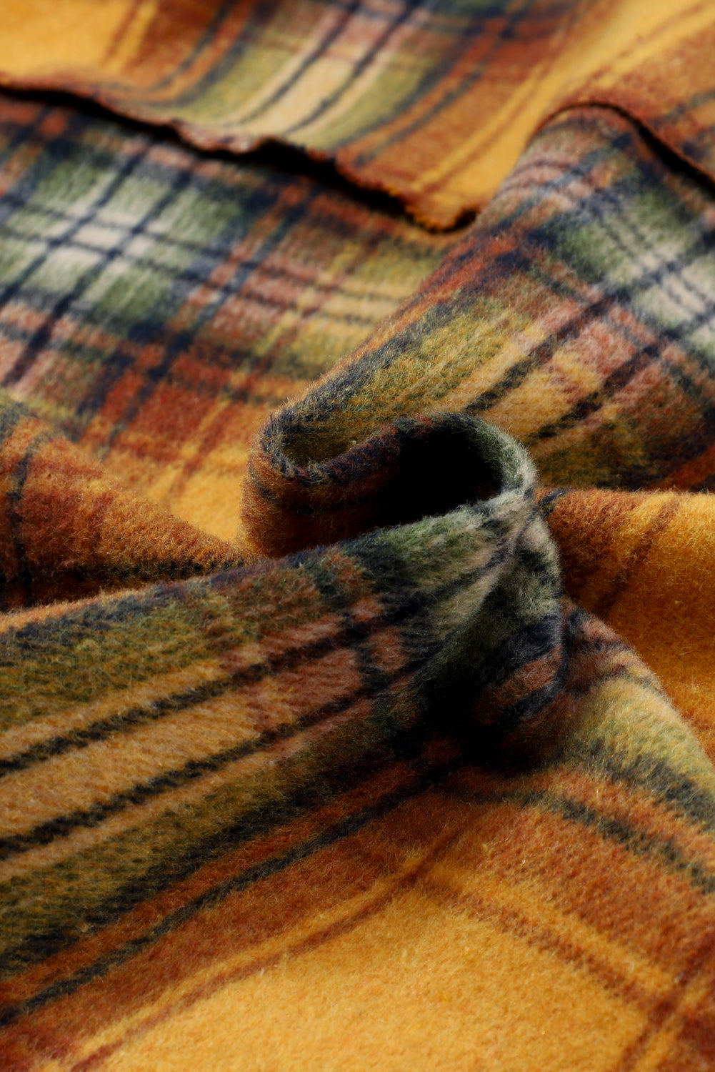 Orange Plaid Patchwork Frayed Trim Snap Button Hooded Jacket