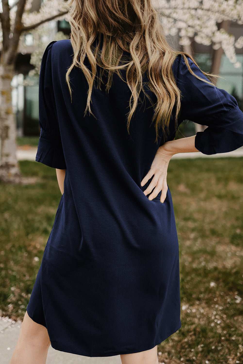 Navy Blue Split V Neck Short Sleeve Tunic Dress