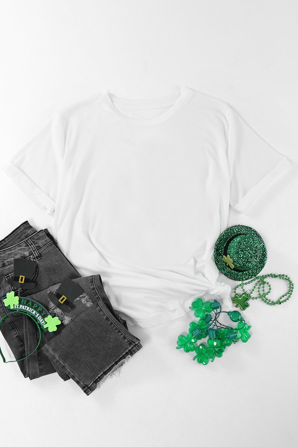Green Plain Solid Color Crew Neck Tee