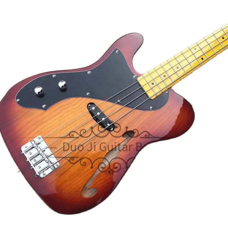 Left hand 4 Strings ASH Wood Semi Hollow Bass Guitar - Sunburst with Yellow Neck