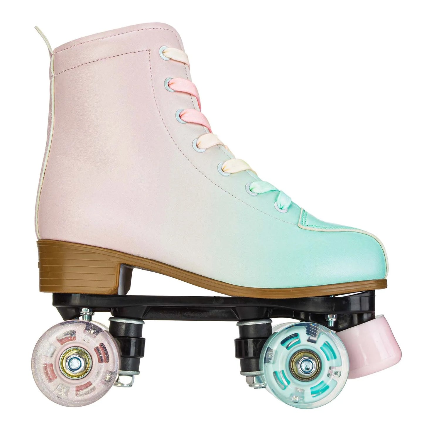 Green Pink Suede Quad Roller Dance Skates with LED Wheels