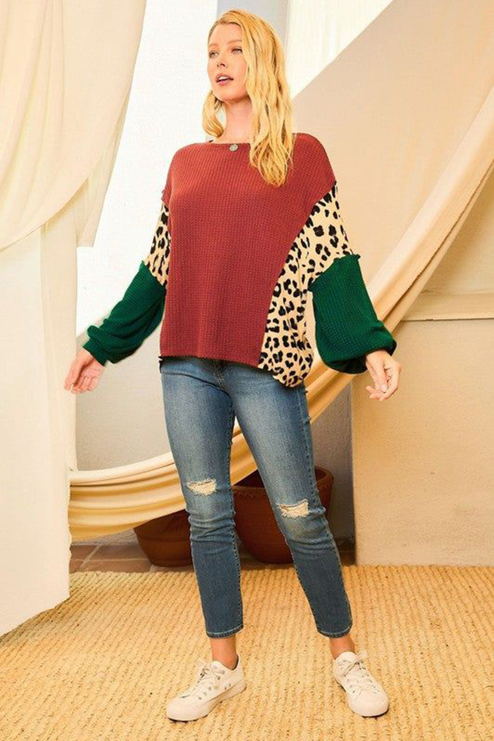 Brown Waffle Leopard Splicing Bishop Sleeve Top