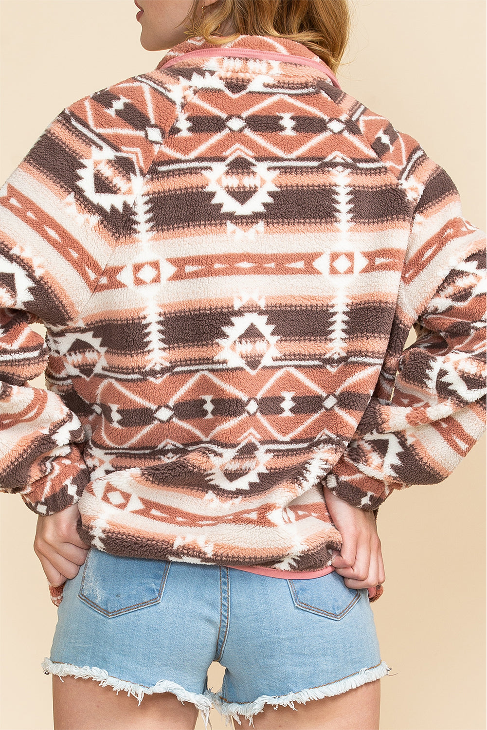 Pink Geometric Colorblock Snap Button Sherpa Jacket