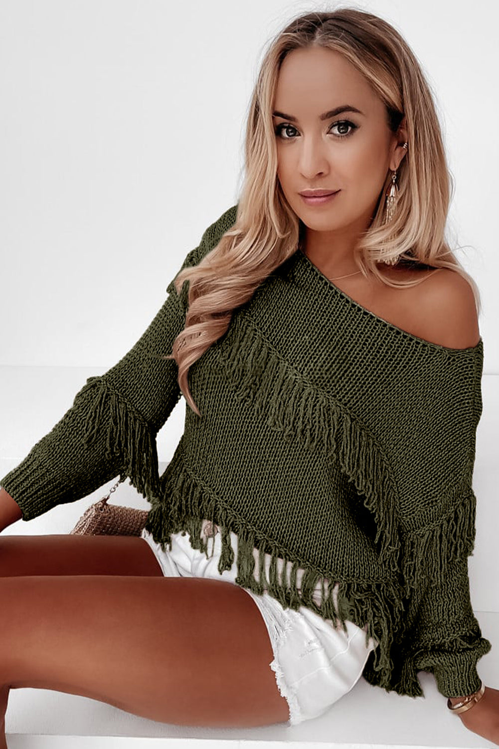 Green Boho Fringe Tasseled Knitted Sweater