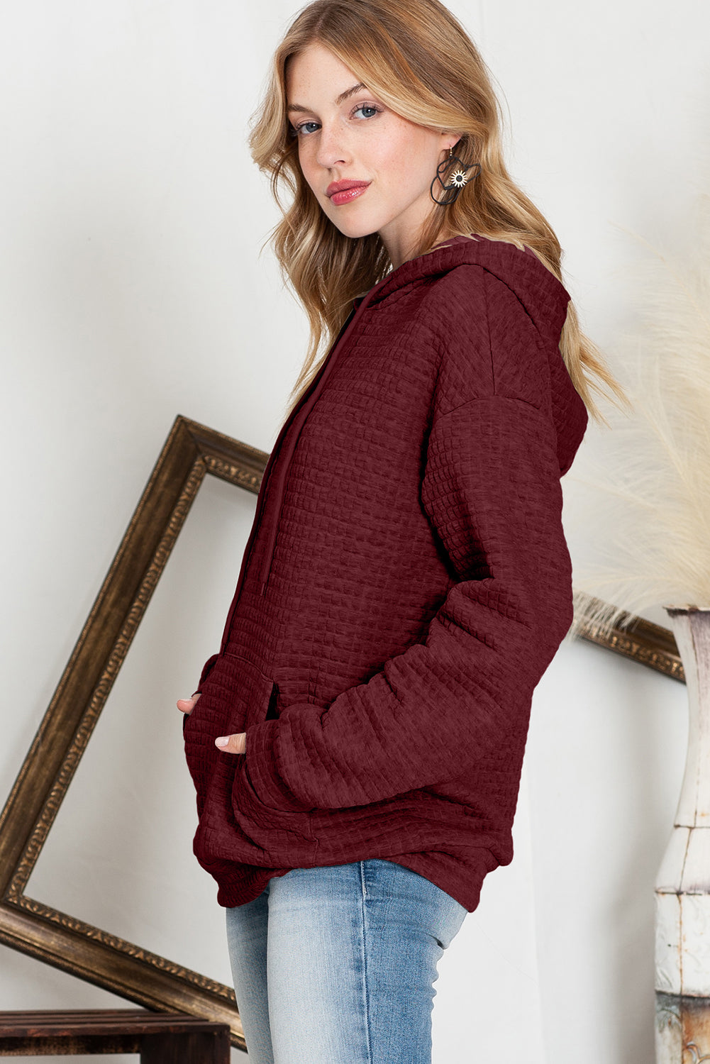 Khaki Lattice Textured Kangaroo Pocket Drawstring Hoodie