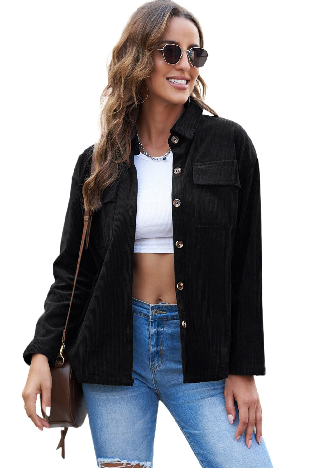 Pocketed Button Ribbed Textured Shacket
