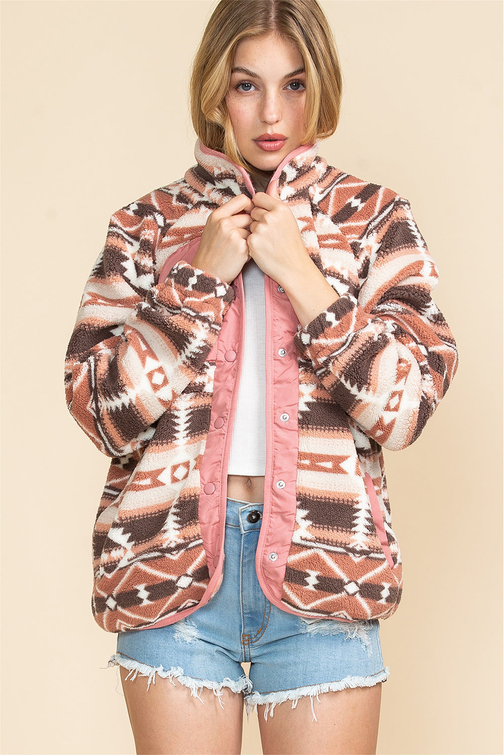 Pink Geometric Colorblock Snap Button Sherpa Jacket