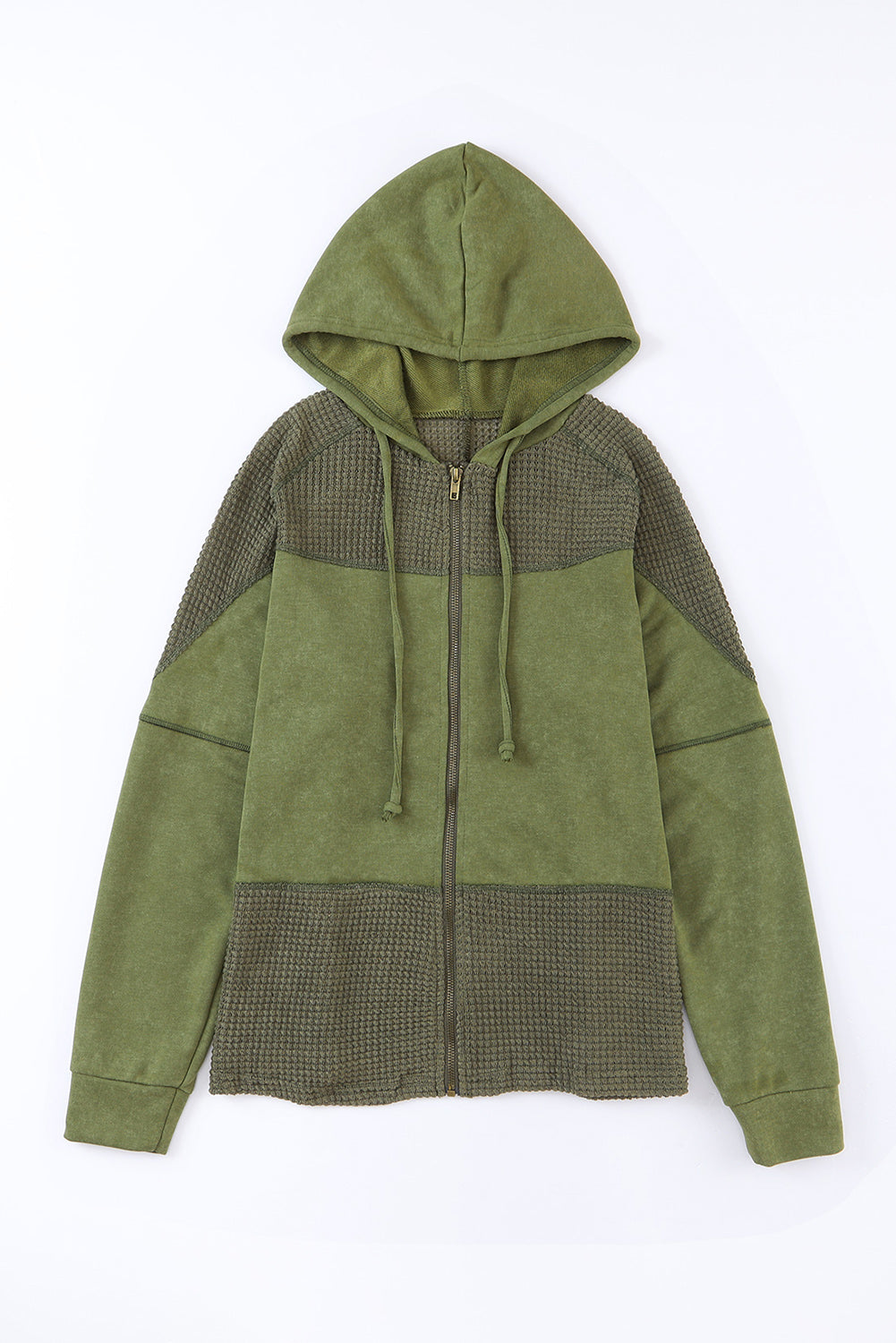 Khaki Dark Washed Patchwork Zip Up Hooded Jacket