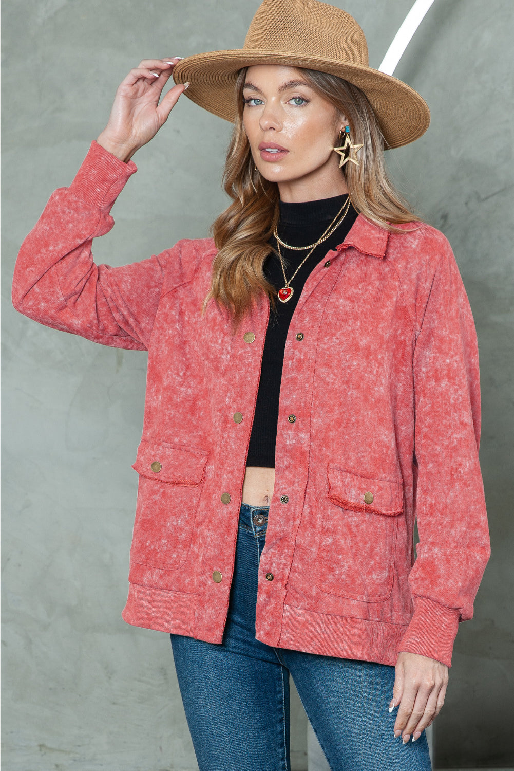 Gray Snap Button Casual Flap Pockets Washed Jacket