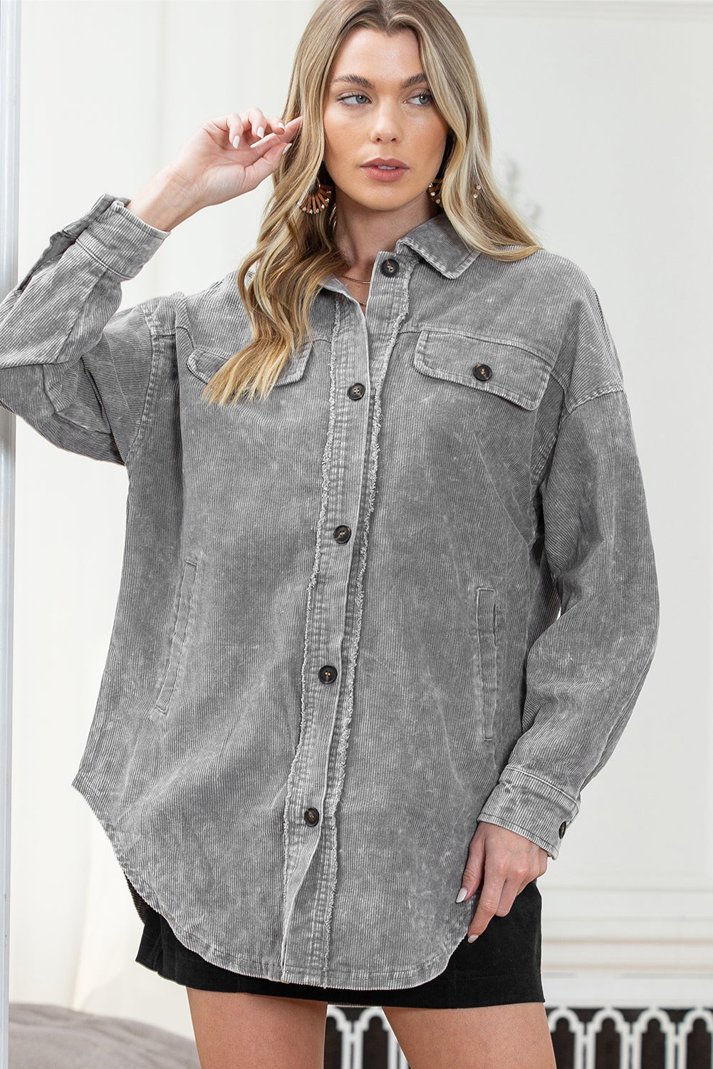 Khaki Vintage Distressed Mineral Wash Oversized Shacket