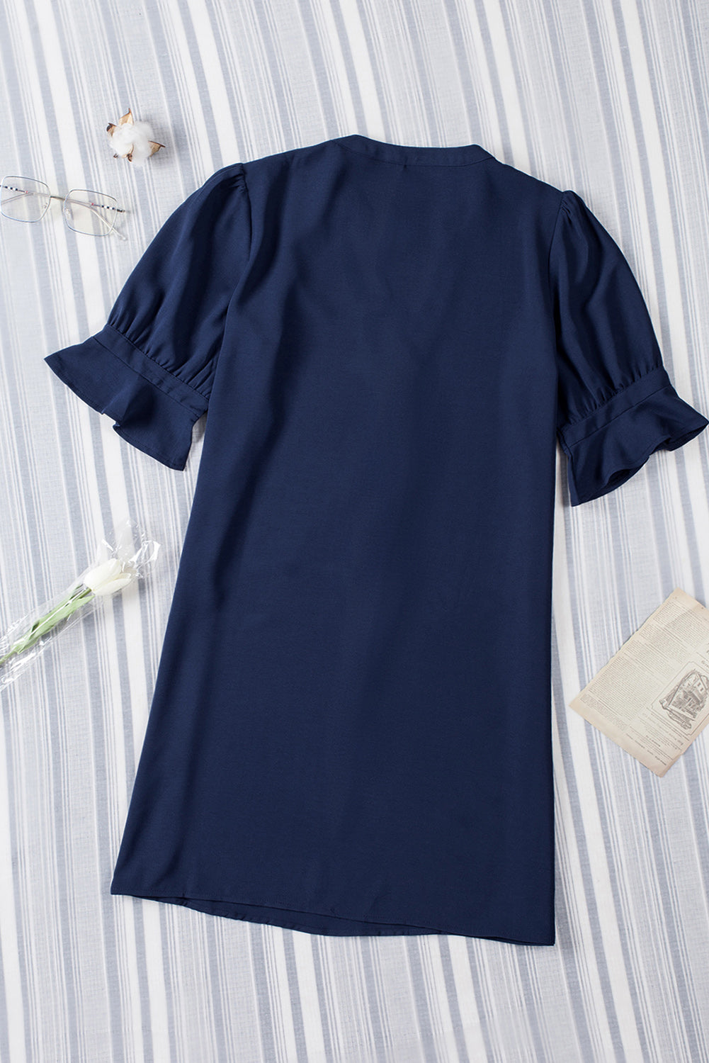 Navy Blue Split V Neck Short Sleeve Tunic Dress