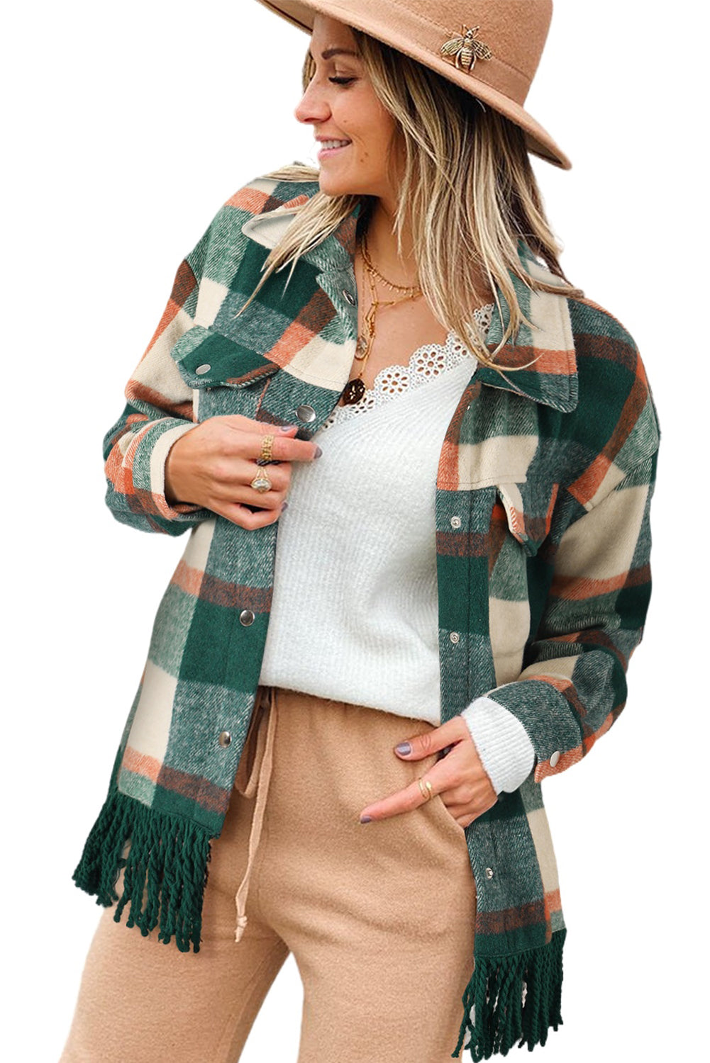 Black Plaid Snap Button Pocket Fringed Hem Shacket