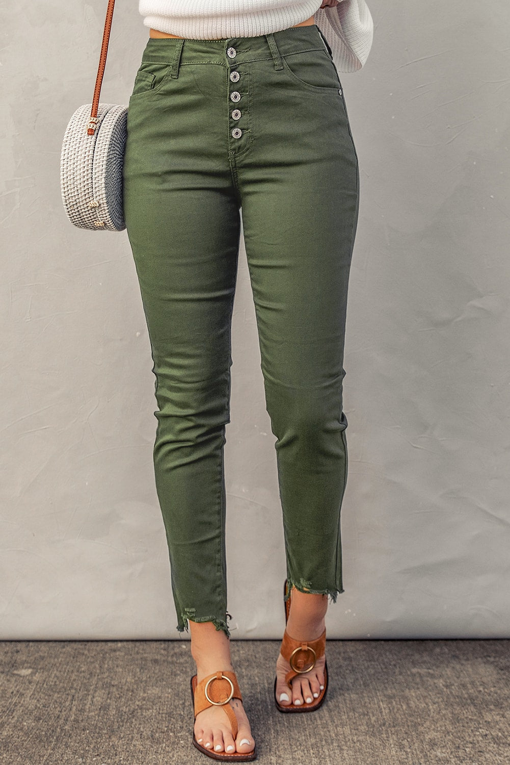 White Plain Buttons Frayed Raw Hem High Waist Denim Jeans