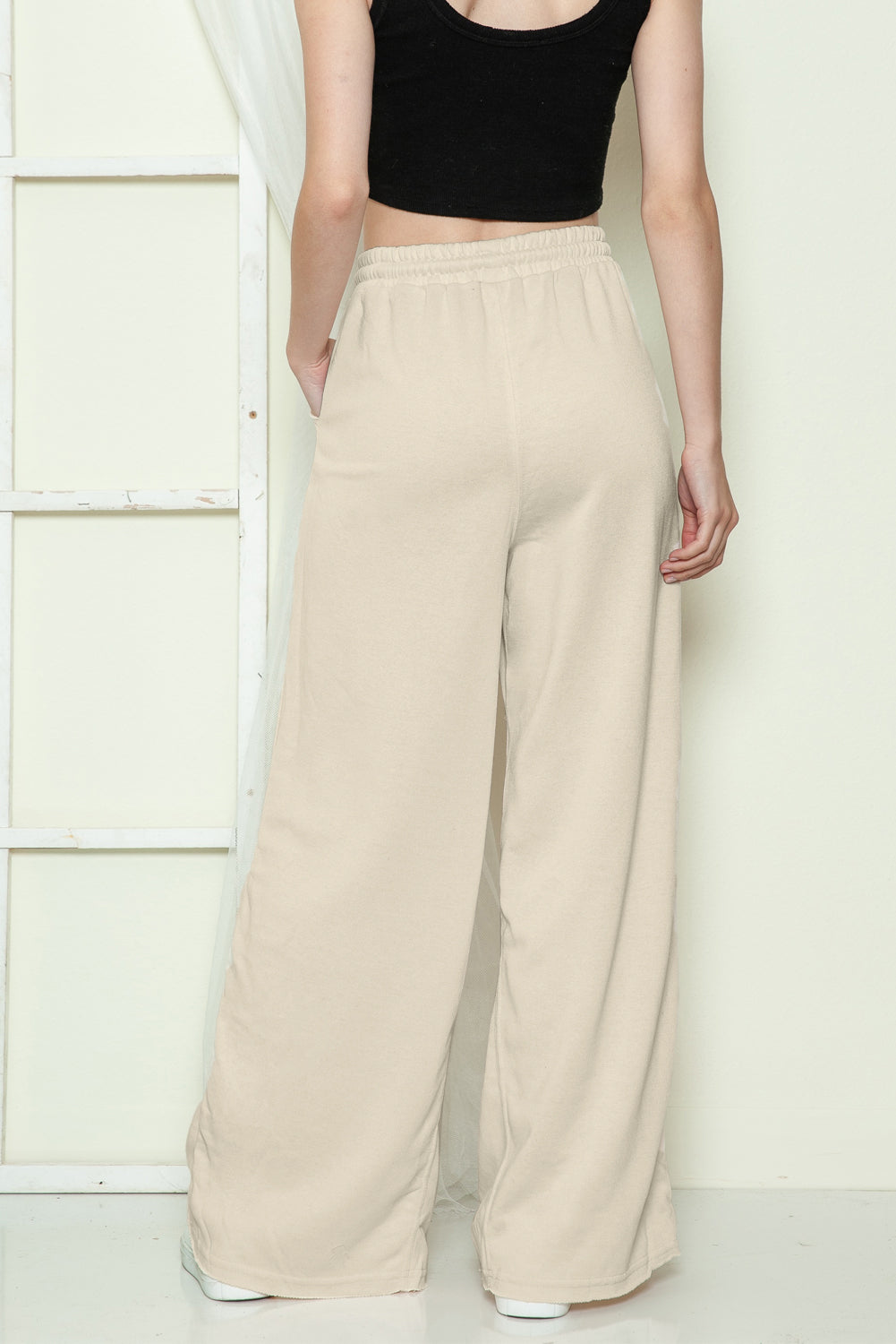 Apricot Mineral Washed Drawstring High Waisted Wide Leg Pants