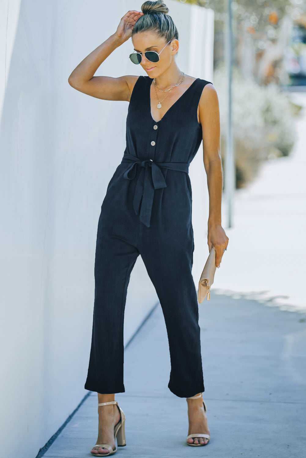 Blue V Neck Button Belted Jumpsuit With Pockets