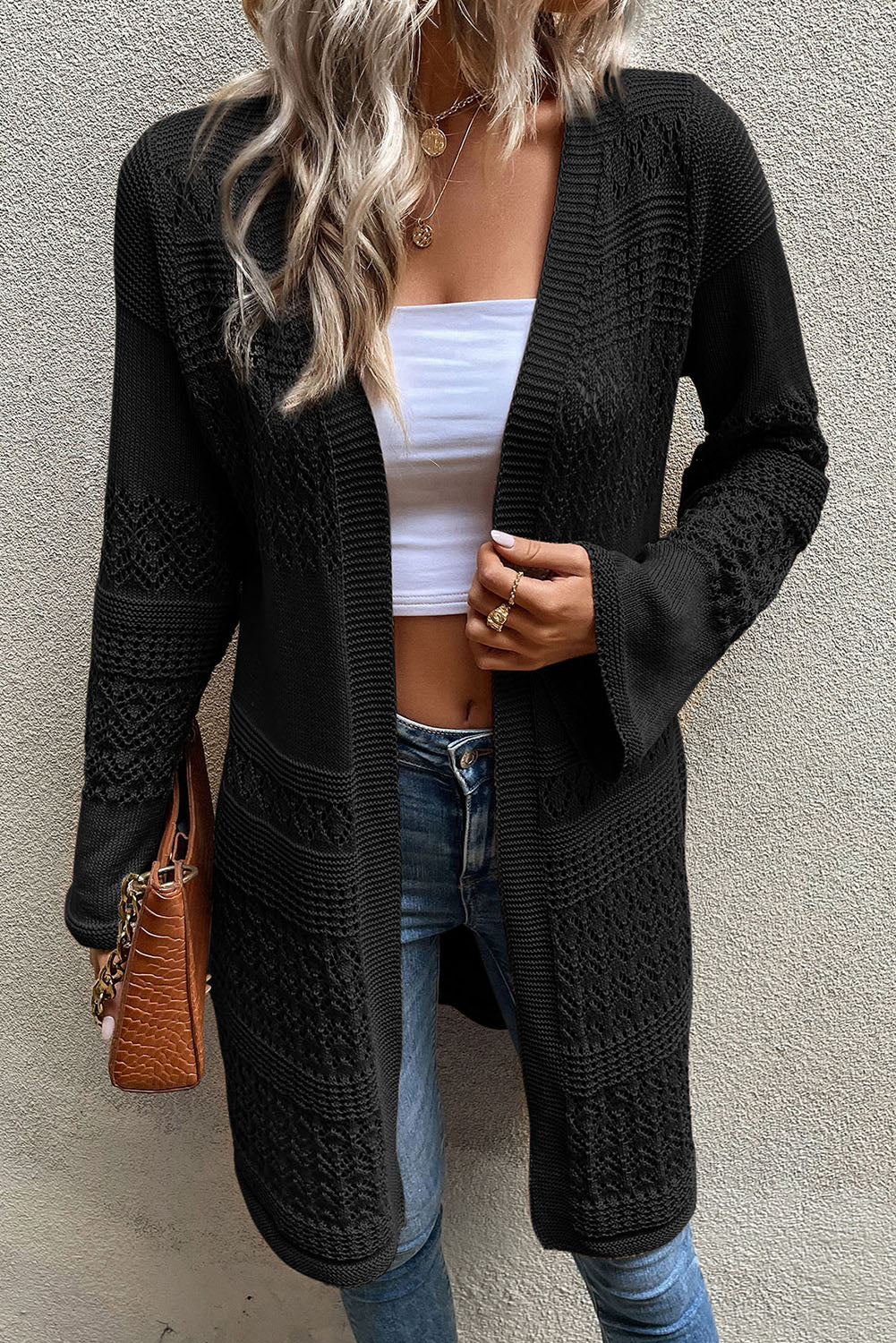 Black Pointelle Knit Open Front Long Cardigan