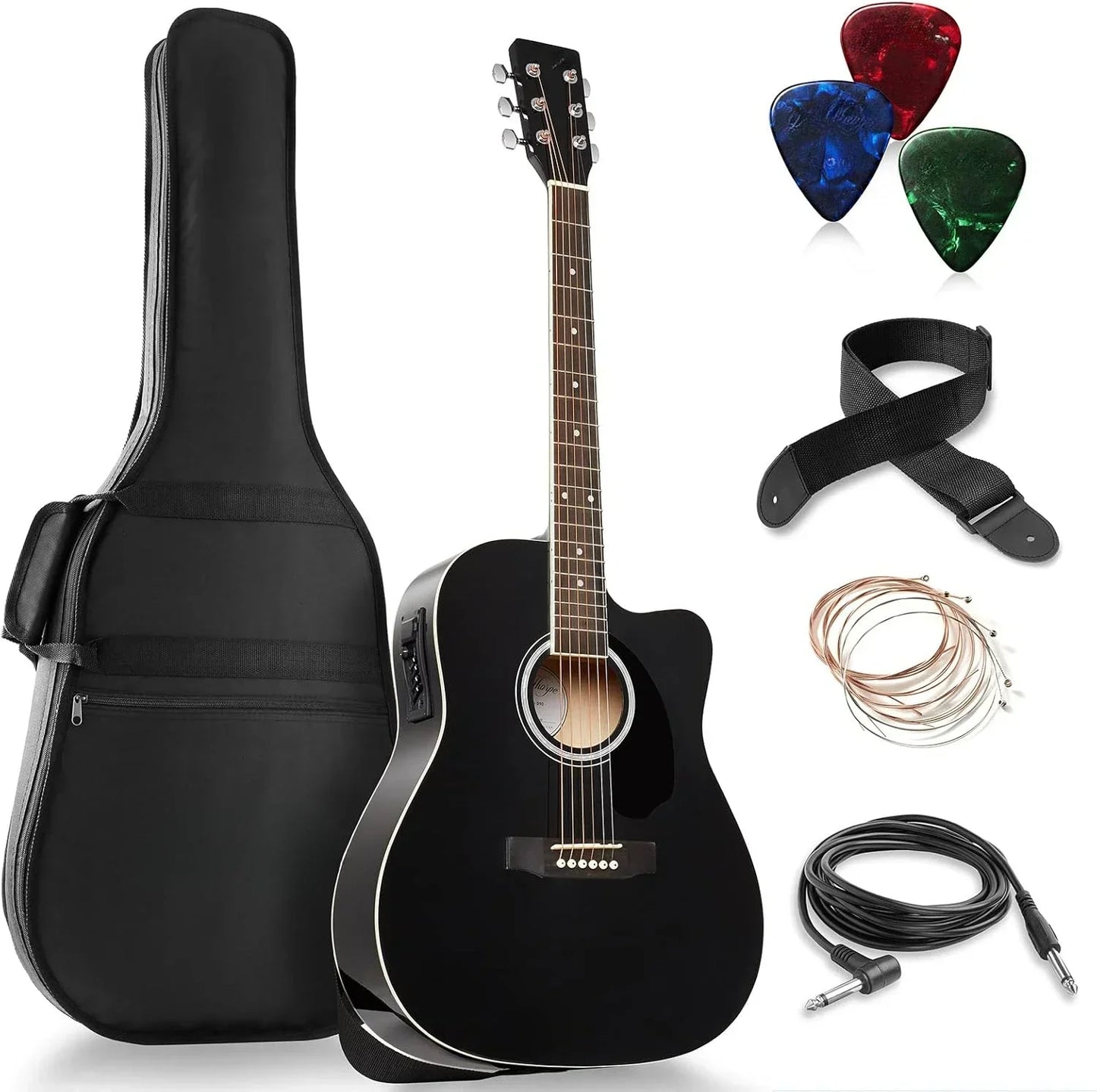 Ashthorpe Full-Size Dreadnought Cutaway Acoustic Electric Bundle - Premium Tone woods - Natural Guitar