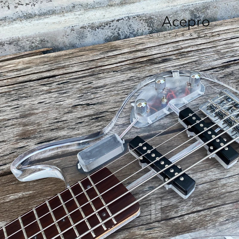 5 String LED Acrylic Electric Bass Guitar, Maple Neck Rosewood Fingerboard