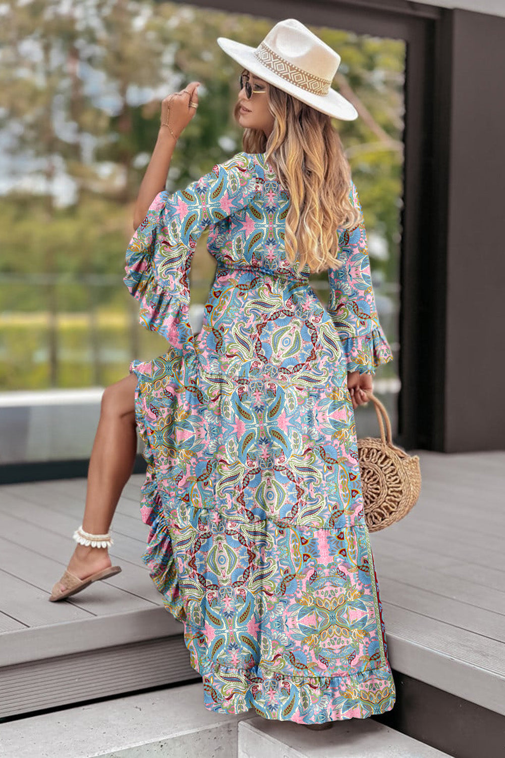 Green Paisley Print Boho Ruffle Trim Tied Maxi Dress