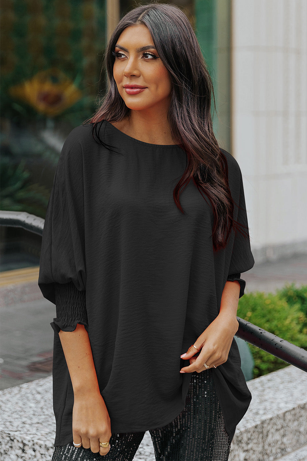 Black Plain Batwing Sleeve Business Casual Blouse for Women