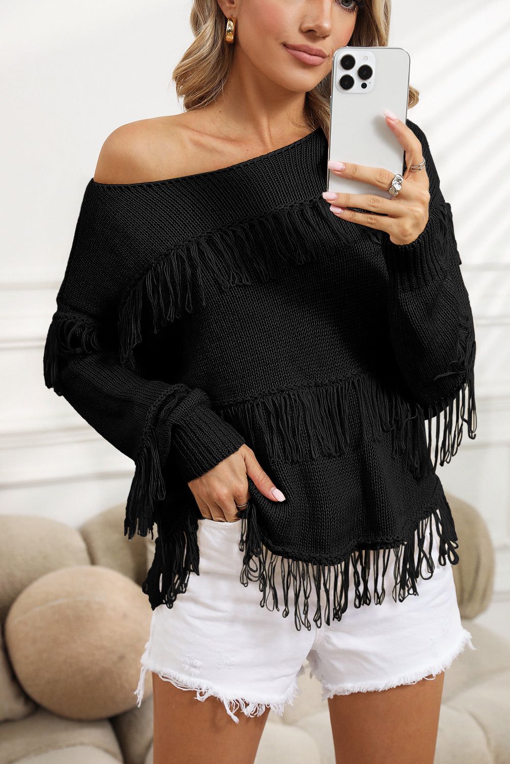 Green Boho Fringe Tasseled Knitted Sweater