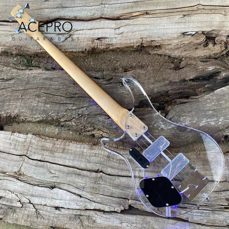 Clear Acrylic Crystal Body 4 String LED Electric Bass Guitar