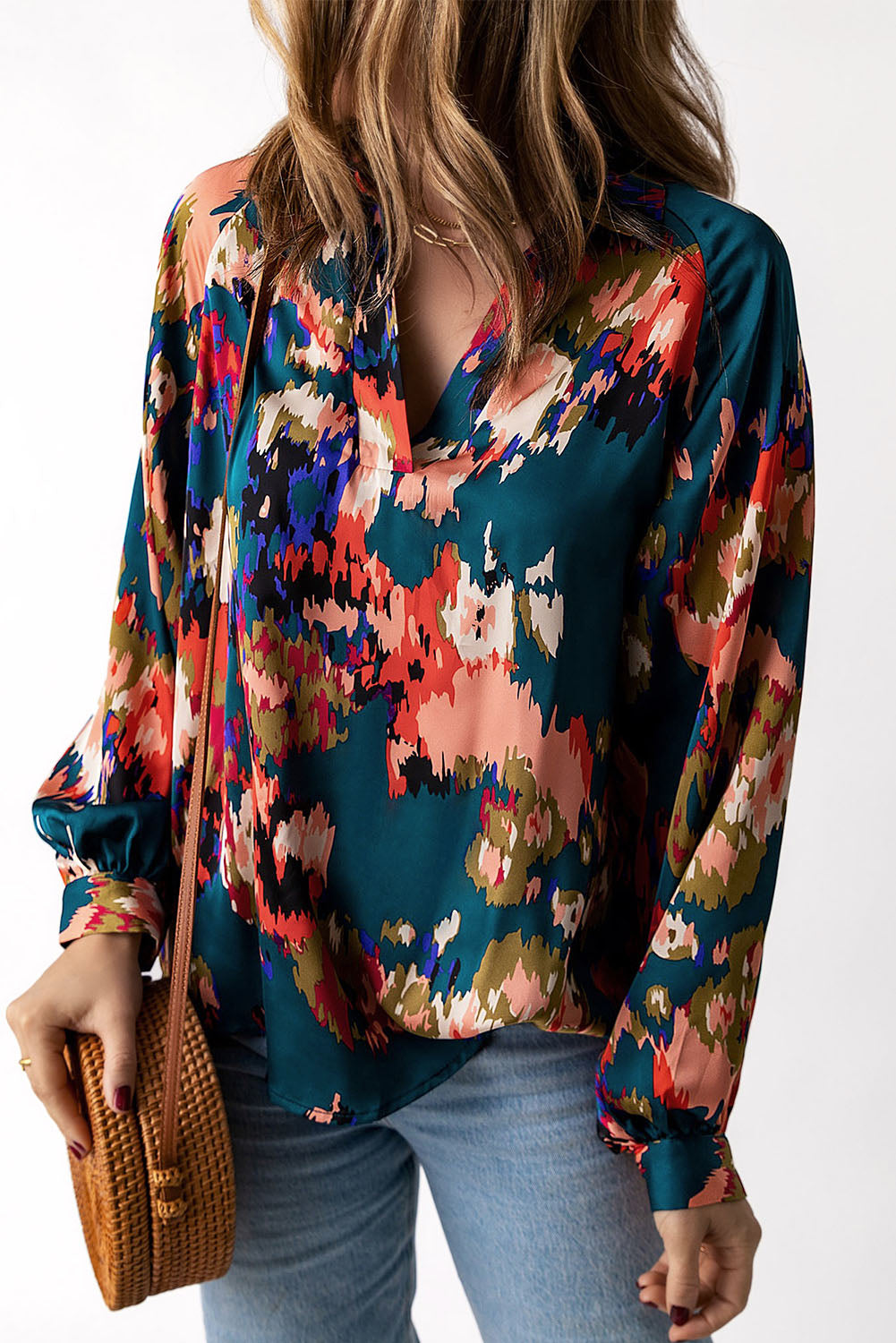 Green Graffiti Colorblock Casual V Neck Puff Sleeve Blouse