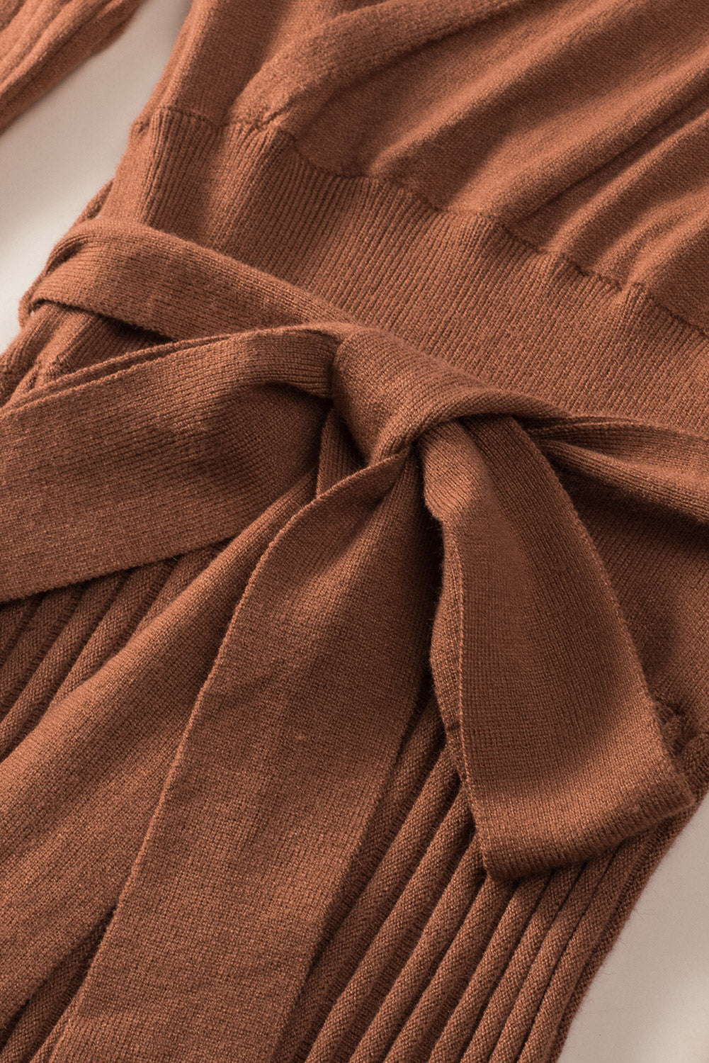 Brown Belted Wrap V Neck Ribbed Pleated Sweater Dress