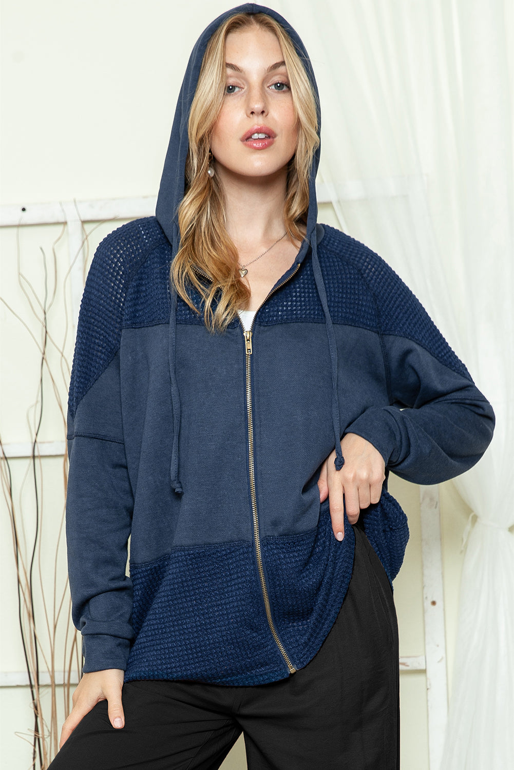Khaki Dark Washed Patchwork Zip Up Hooded Jacket