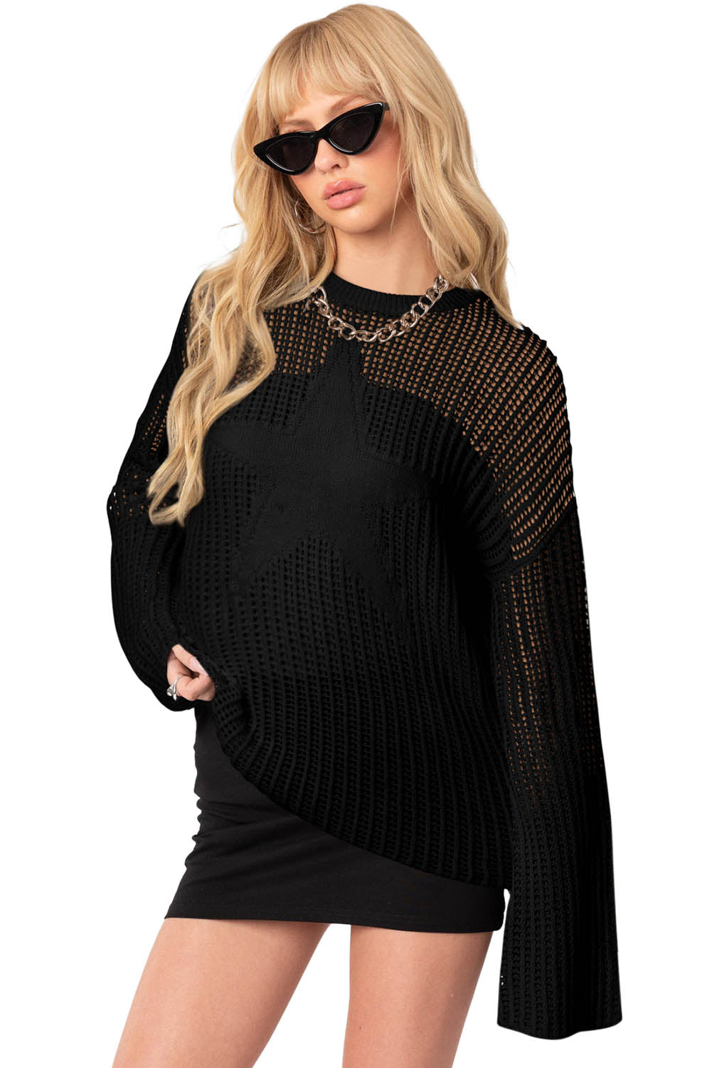 Black Star Pattern Lightweight Hollow Knit Sweater