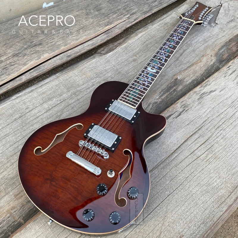 Grote Brown Burst 12 String Electric Guitar, F holes Semi Hollow Body, Abalone Flower Inlays