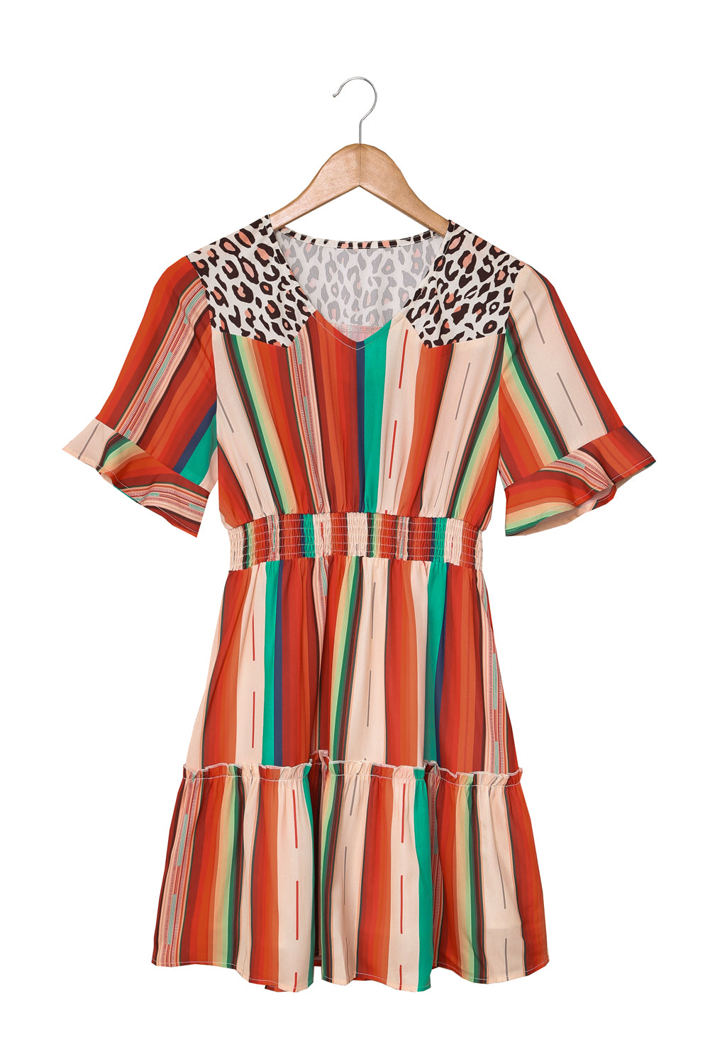 Multicolor Striped and Leopard Print Flounce Hem Short Dress
