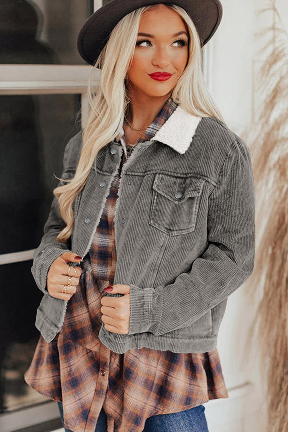 Gray Sherpa Snap Flap Pocket Cropped Corduroy Jacket