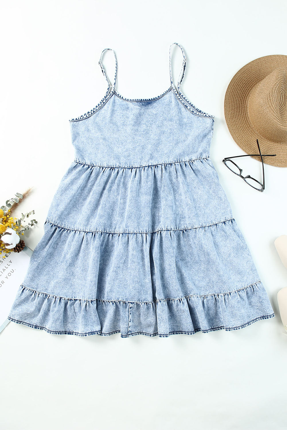 Light Blue Adjustable Straps Casual Tiered Ruffle Denim Dress