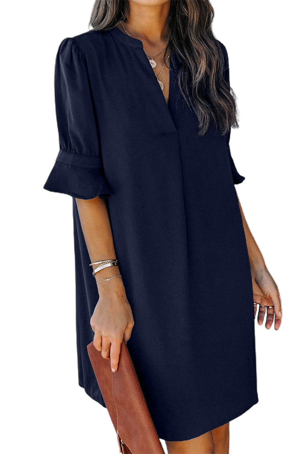 Navy Blue Split V Neck Short Sleeve Tunic Dress