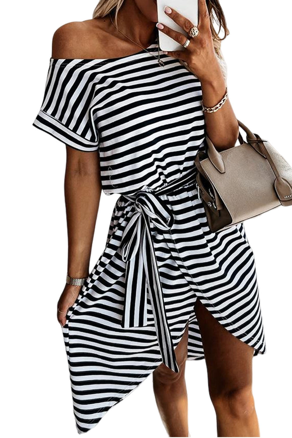 Black Stripe Belted Wrapped Hemline T-Shirt Dress