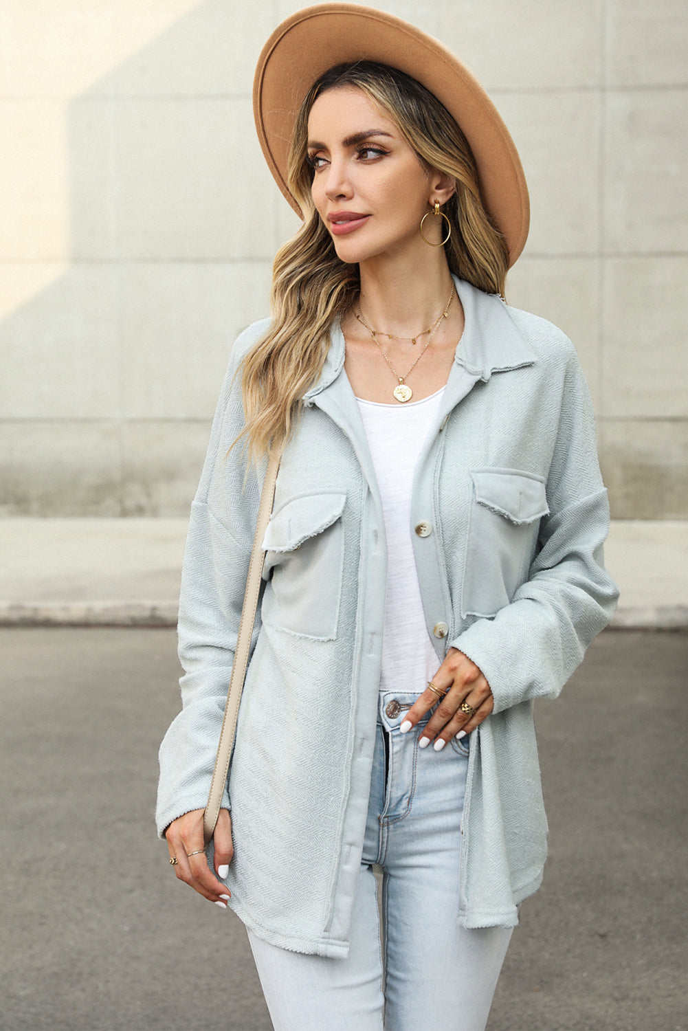 Black Plain Textured Button Up Shirt Shacket with Flap Pockets