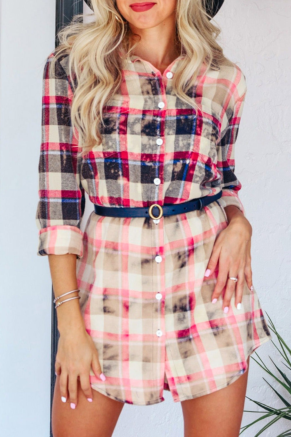 Red Gradient Plaid Long Sleeve Button Down Shirt Dress