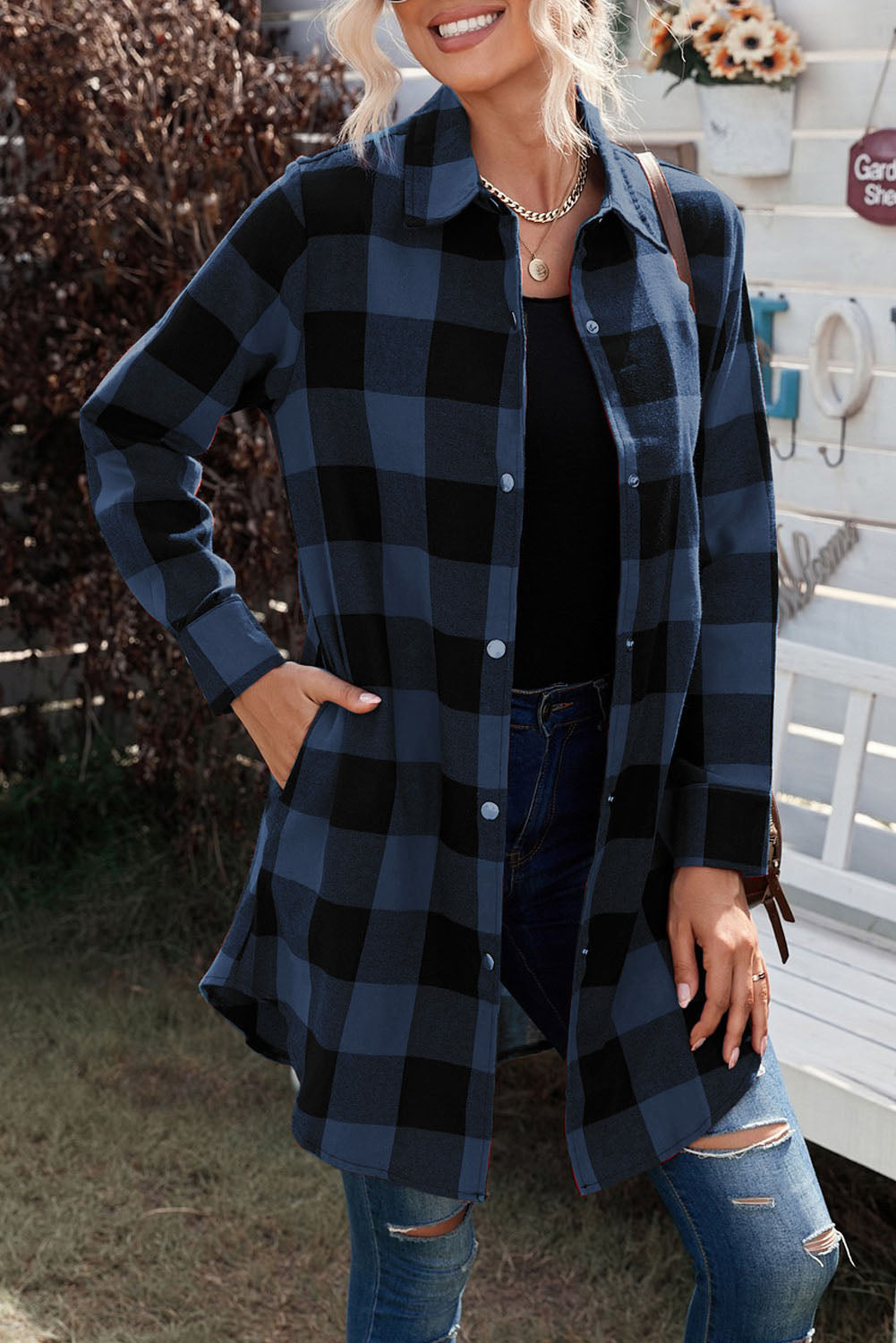 Red Plaid Collared Button Down Long Shirt Shacket