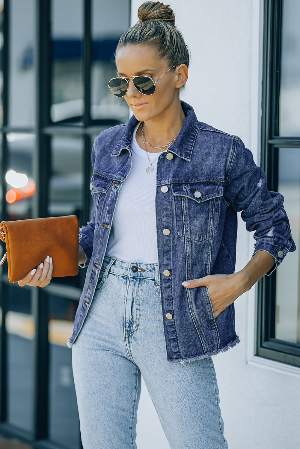 Black Casual Distressed Raw Hem Buttons Denim Jacket