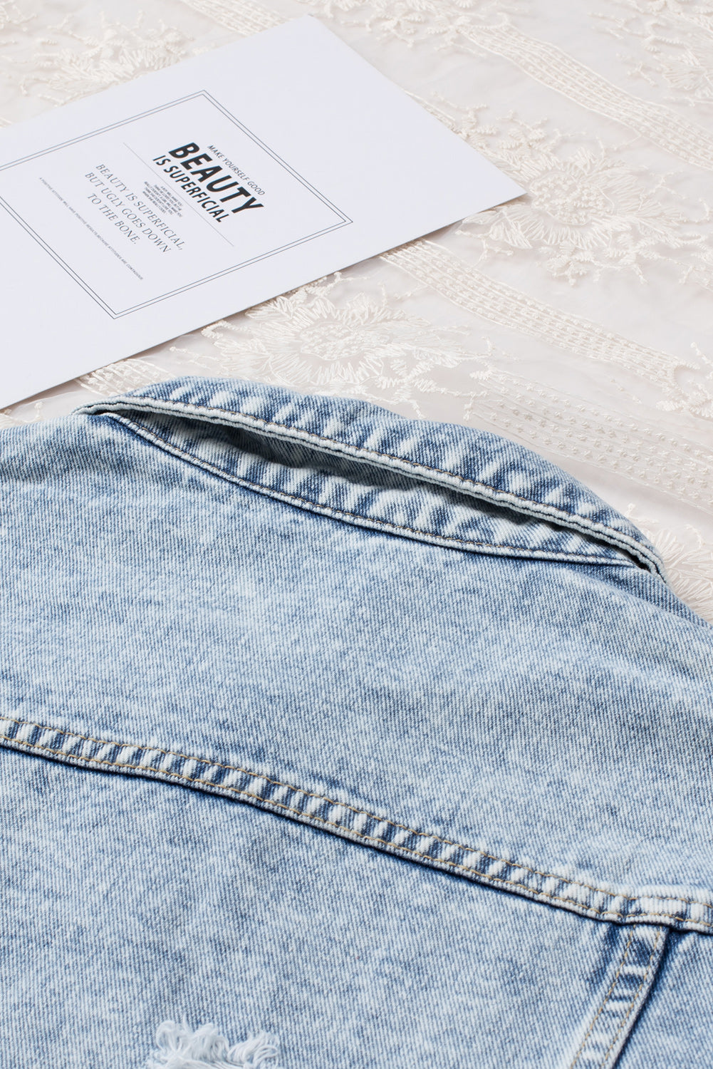 Black Casual Distressed Raw Hem Buttons Denim Jacket