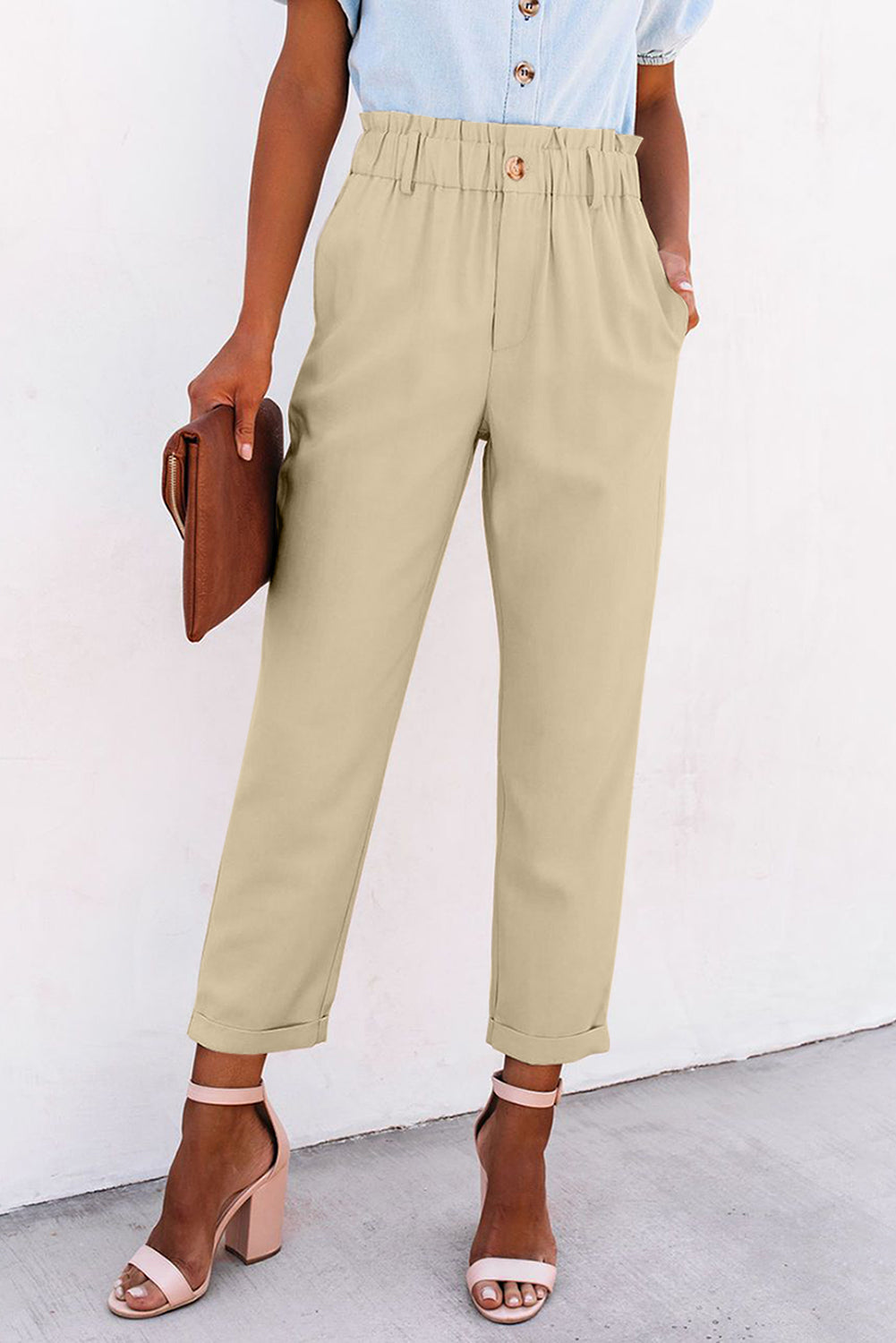 Beige Casual Frill Paper Bag Pocket High Rise Pants